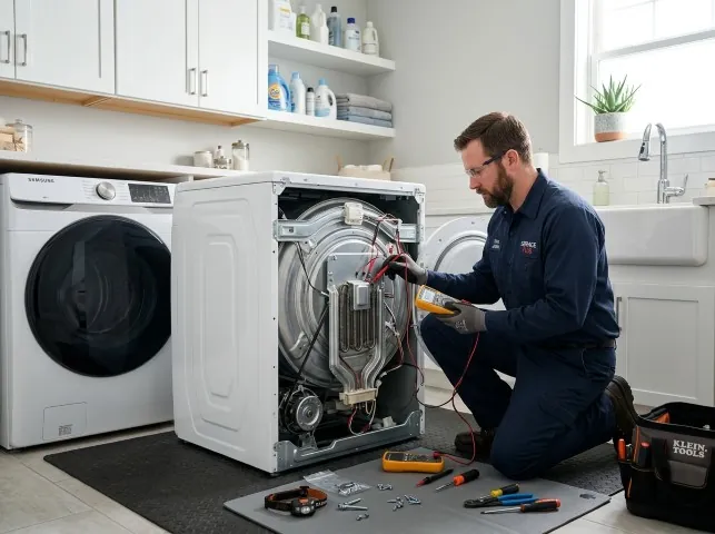 Appliance Repair Hero technician checking a dryer heating element with the rear panel off in Bridgeville, PA