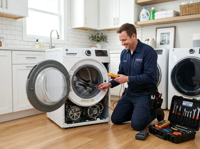 Appliance Repair Hero technician testing a front-load washer with a multimeter on a Bridgeville, PA service call